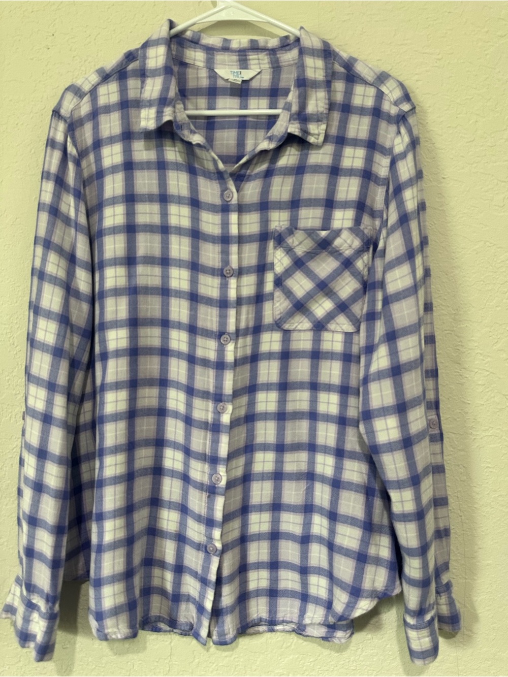 Time and Tru Lavender and White Plaid Button-Down Shirt